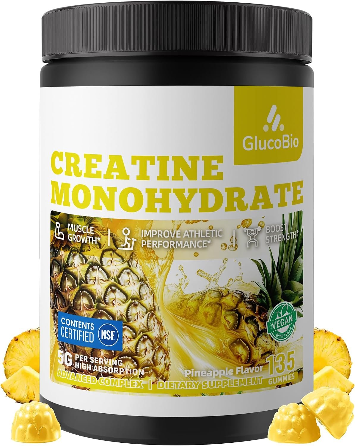 Creatine Monohydrate Gummies (5g) – Pre-Workout Energy & Muscle Growth Support for Men & Women | Pineapple Electrolyte Gummies (135 Count)