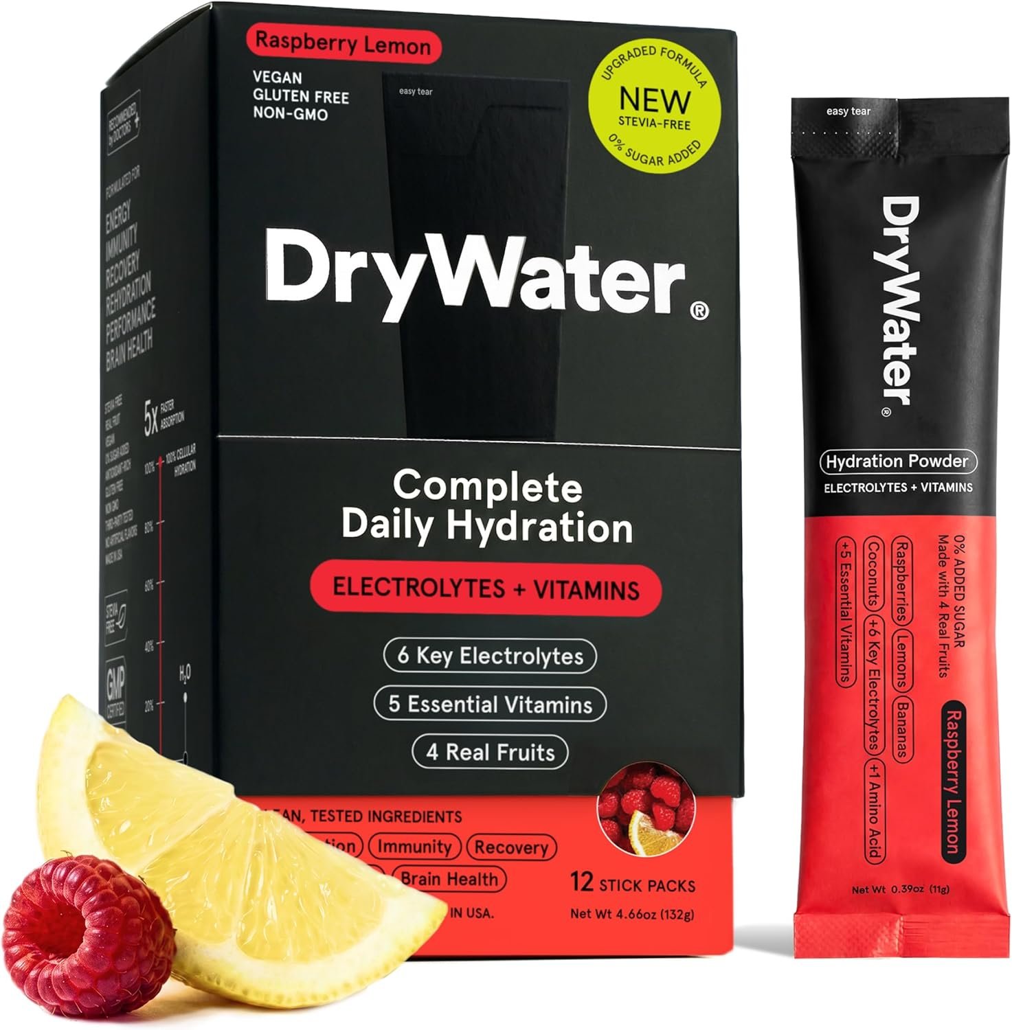 DryWater Electrolytes + Vitamins Hydration Packets, Raspberry Lemon 12 Pack