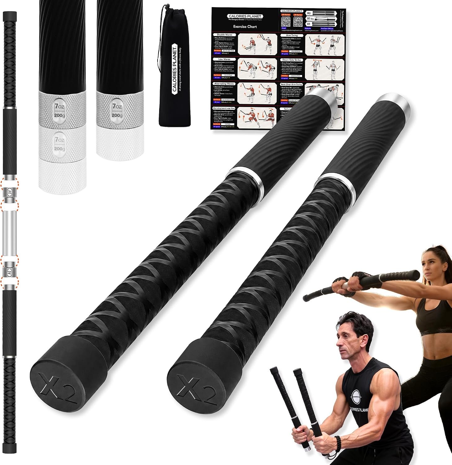 X2 Ropeless Battle Ropes Adjustable Weight, Convertible to Fitness Bar