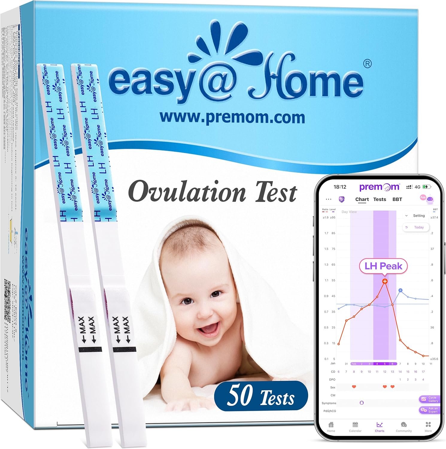 easy@Home Ovulation Test Strips, 50-Pack, Fertility Test Kit
