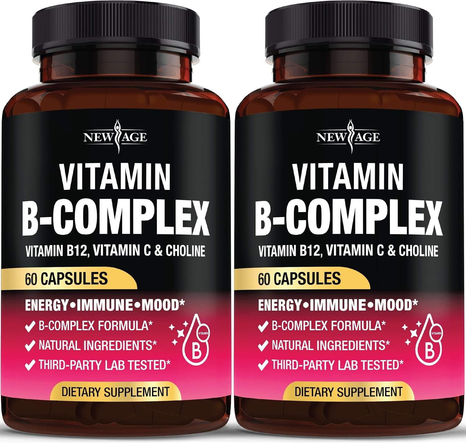 NEW AGE Vitamin B Complex for Men & Women, Made in USA, B-Complex: B1, B2, B3, B5, B6, B7, B8, B9, B12 with Vitamin C, Choline, Inositol, Energy, Brain & Heart Support, 120 Vegan Capsules