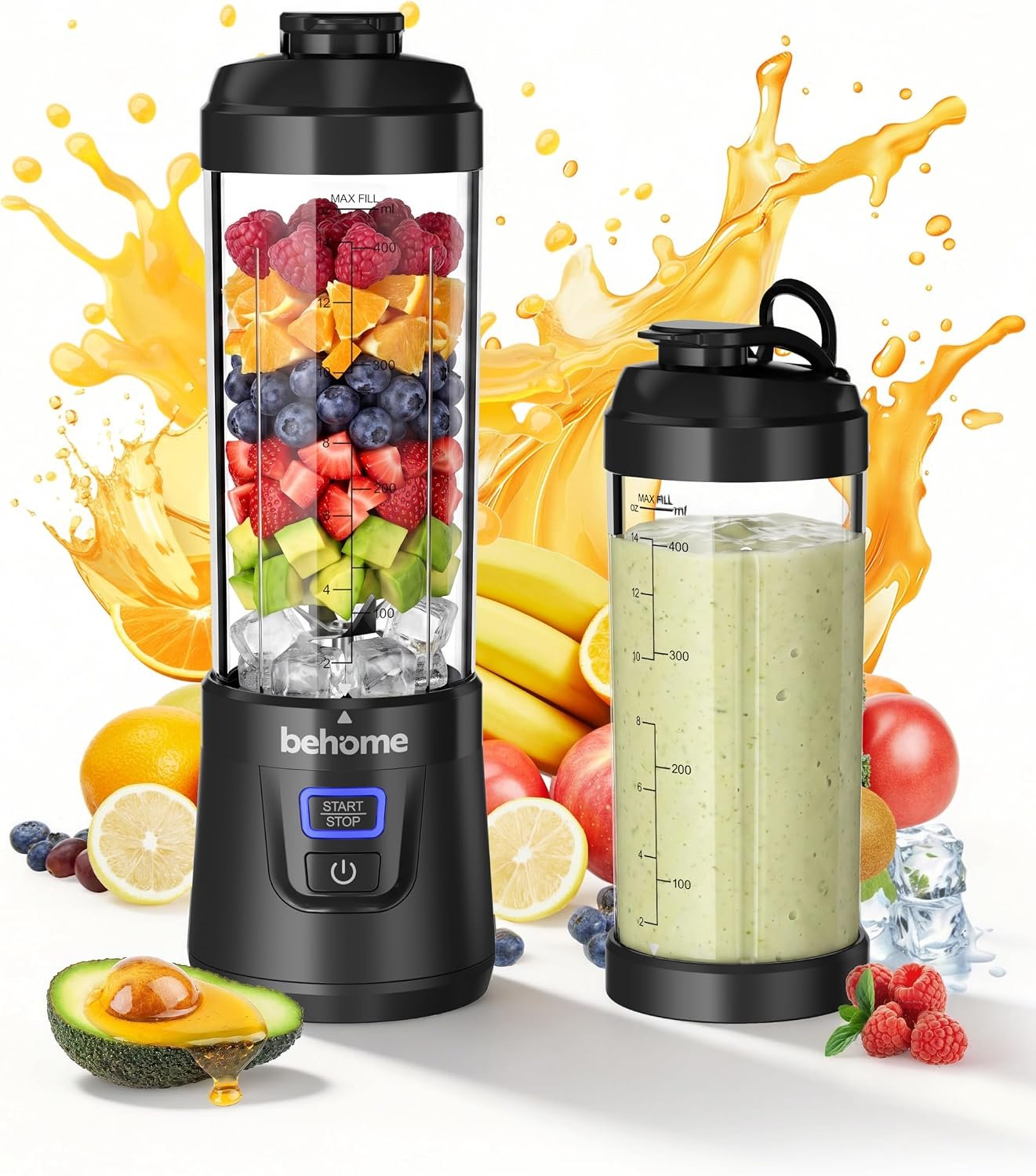 Behome Portable Blender Smoothies and Shakes, Personal Juicer 14 OZ BPA Free Portable Cups, USB-C Rechargeable, Dishwasher Safe Parts – Mini Small Blenders Cup Fits Home, Office, Gym, Travel