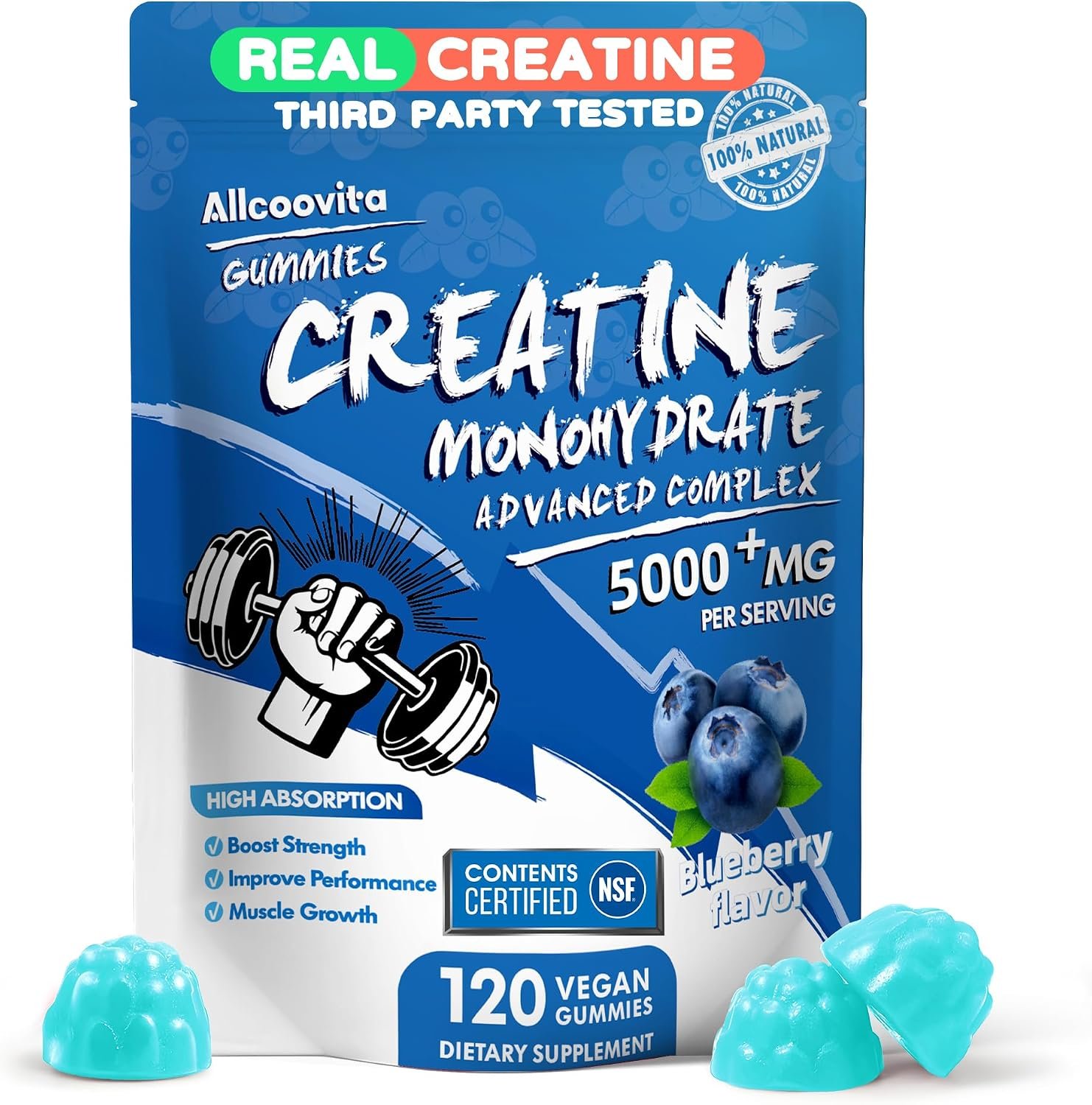 NSF Certified Creatine Gummy – Creatine Monohydrate Gummies 5000mg for Men & Women -120 Gummies Advanced Formula, Muscle Strength, Muscle Builder, Energy Boost, Pre-Workout Supplement-Blueberry