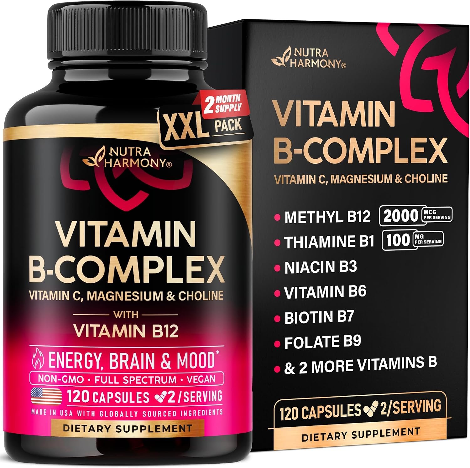 Vitamin B Complex for Men & Women – Full B-Complex & Vitamin B12 – 120 Caps