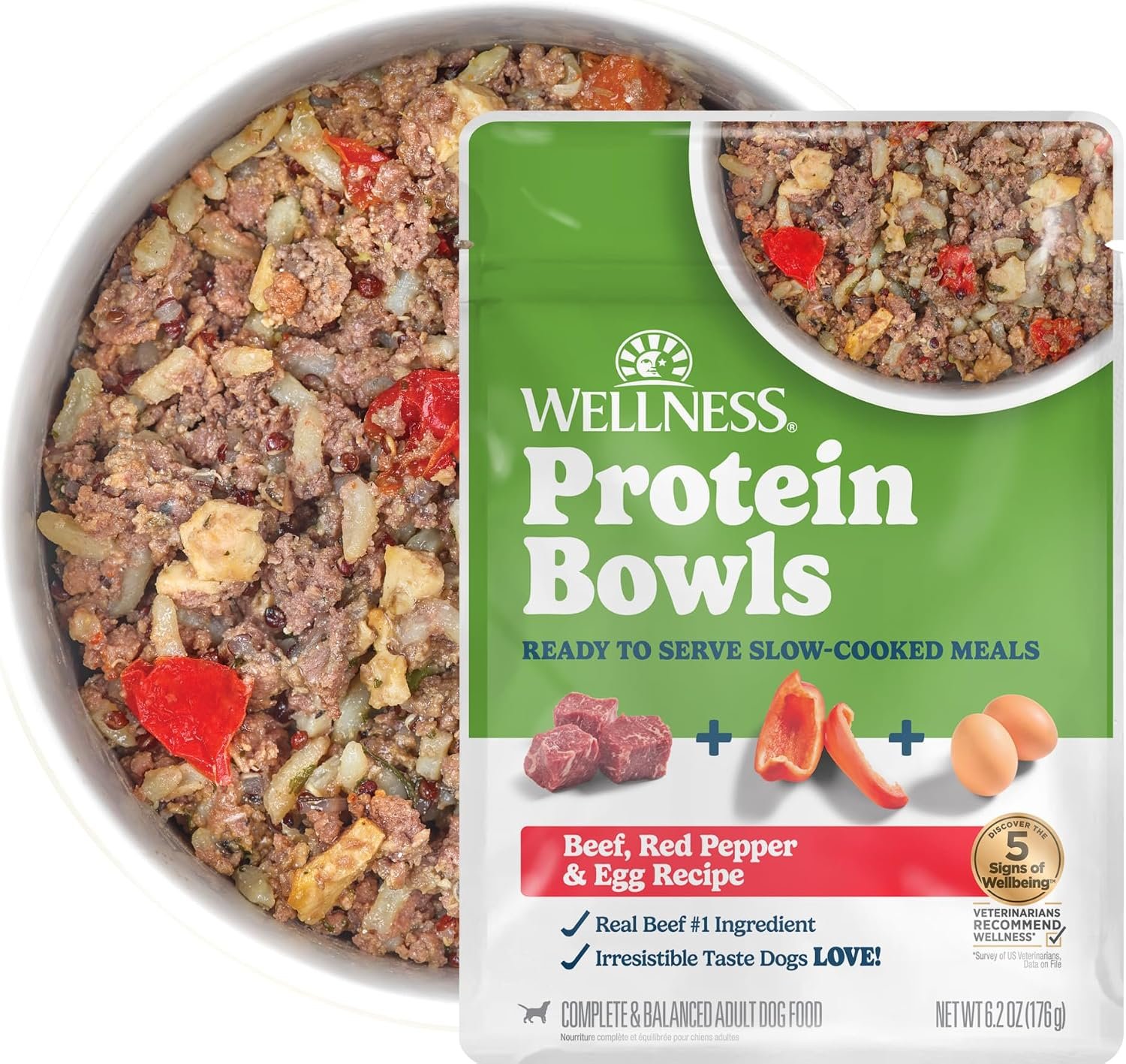 Wellness Protein Bowls Adult Wet Dog Food, Fresh Alternative, Wholesome Grains, Natural, Beef, Red Pepper, and Egg Recipe, 6.2 oz, Pack of 6 Pouches